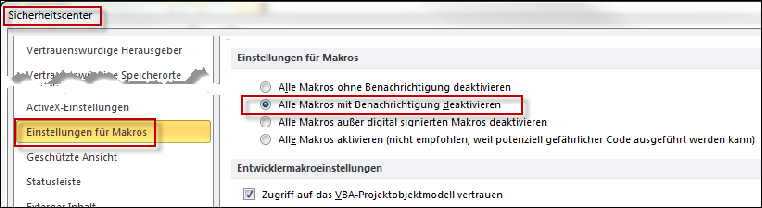 Excel 2010 Sicherheitscenter : Zum Vergrssern bitte anklicken