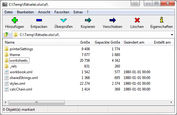 XLSX in ZIP-Programm geffnet : Dateistruktur erkennbar