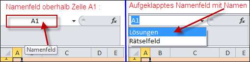 Namenfeld oberhalb Zelle A1 mit 2 BEREICHS-Namen