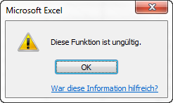 Fehlermeldung 'Diese Funktion ist ungltig' beim Versuch, eine Excel4-Makrofunktion in ein Tabellenblatt einzugeben